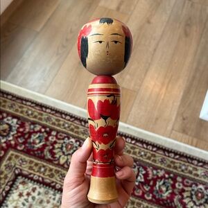 Handcrafted Red and Tan Kokeshi Doll - Vintage Signed 9.5 inches tall